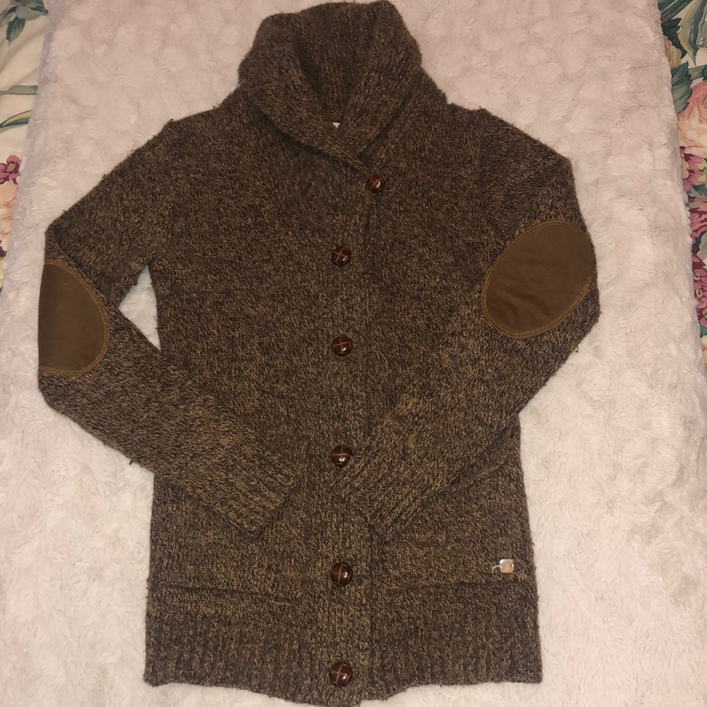 WHO A.U button down brown wool sweater